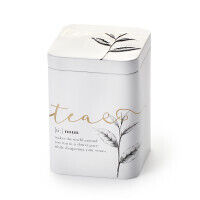 Teedose "Iva" weiß mit Bleistiftzeichnung Teepflanze, Weißblech, ca. 100g
